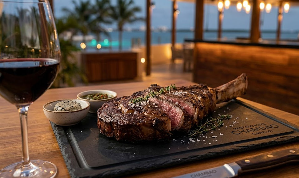 Luxury dining at Restaurante Chambao Cancun and private transport by Taxi Shuttle Cancun Premium Tomahawk Steak at Restaurante Chambao Cancun with Taxi Shuttle Cancun service