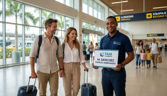 Chofer de transporte privado de Taxi Dominicana recibiendo a una pareja de turistas en el área de llegadas del aeropuerto