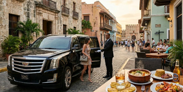 Chofer privado abre la puerta de un SUV de lujo a una mujer en una calle colonial con comida dominicana en una mesa al aire libre