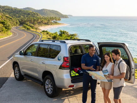 A professional chauffeur and tourist couple review a map next to a safety-equipped SUV on a scenic Dominican Republic coastal road.