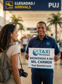 Friendly Taxi Dominicana driver holding a welcome sign for a solo female traveler at airport arrivals
