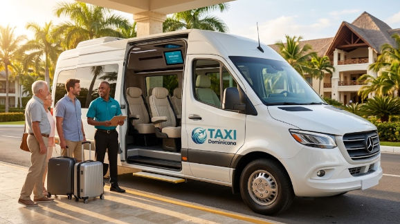 TAXI Dominicana driver welcoming a tourist family with luggage next to a luxury Mercedes-Benz sprinter van at a Caribbean resort.