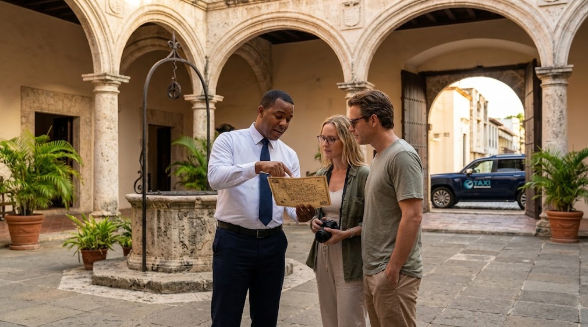Santo Domingo historical tour driver showing a map to tourists in a colonial courtyard
