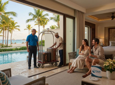 A couple relaxes in an open-air luxury hotel suite with a beachfront pool view, as two uniformed staff arrive with luggage on a bell cart. A 'Taxi' service card is visible in the foreground.