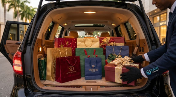 Chofer privado acomodando regalos y bolsas de compras navideñas en el amplio maletero de una SUV de lujo