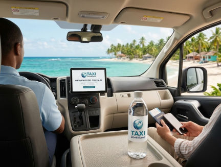 Interior de vehículo de traslado privado con chofer y pasajero disfrutando la vista a una playa dominicana