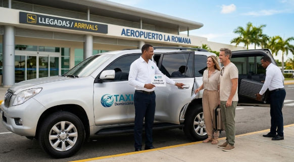 Chófer de Taxi Dominicana recibiendo a pasajeros con un cartel a las afueras de llegadas del Aeropuerto de La Romana