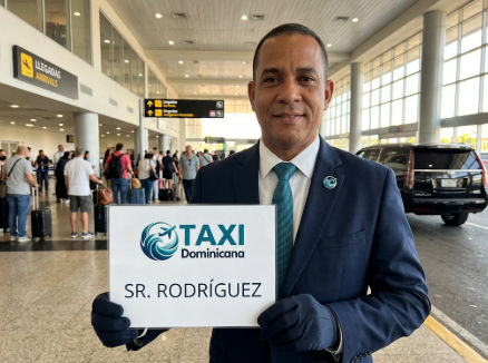 Chofer profesional de taxi ejecutivo sosteniendo letrero de bienvenida en la zona de llegadas del aeropuerto
