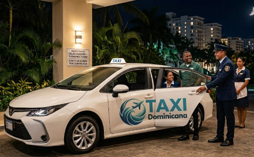 Chofer de Taxi Dominicana abriendo la puerta a empleados de hotel durante el turno nocturno