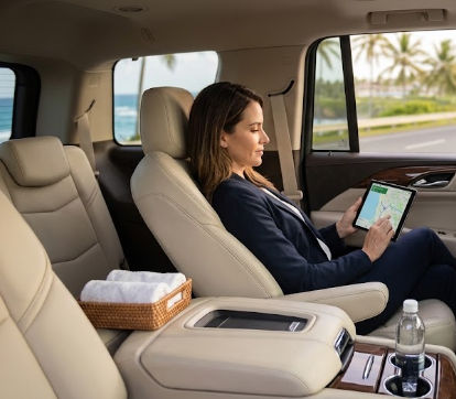 Pasajera ejecutiva usando una tablet en el cómodo interior de un vehículo de transporte VIP con agua y toallas