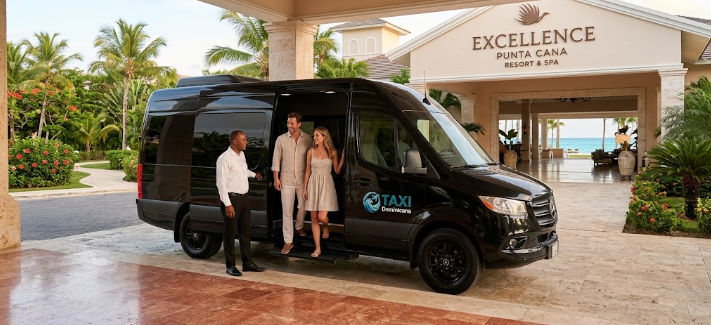 Couple stepping out of a private black Taxi Dominicana shuttle van arriving at Excellence Punta Cana Resort
