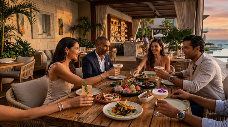 Vistas panorámicas de la piscina infinita y playa privada en SLS Playa Mujeres, el nuevo resort de lujo vanguardista cerca de Cancún.