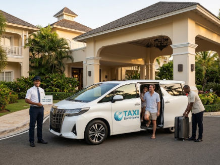 Chauffeur and guests with a white private transfer minivan at a tropical resort entrance