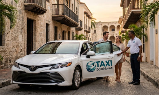Chofer de Taxi Dominicana abriendo la puerta a una pareja de turistas en una calle de la Zona Colonial