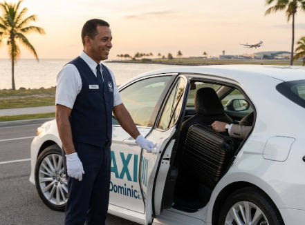 Un conductor de taxi uniformado con guantes blancos abre la puerta de un sedán blanco para un pasajero con una maleta, en una zona costera al atardecer, con un aeropuerto de fondo.
