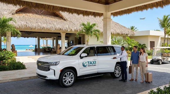 Chofer de Taxi Dominicana abriendo la puerta de un SUV blanco a una pareja de turistas al llegar a un resort en Cap Cana