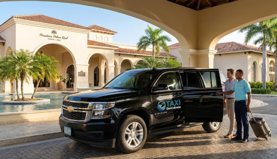 Chofer abriendo la puerta de un taxi privado SUV negro a un huésped en la entrada del hotel Paradisus Palma Real