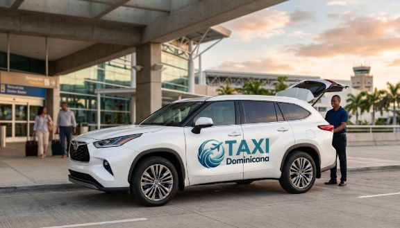 Chofer de Taxi Dominicana junto a una SUV blanca esperando en el aeropuerto