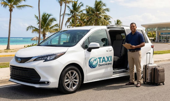 Conductor sonriente de TAXI Dominicana junto a una furgoneta y maletas en una playa tropical para traslados al Riu Bambu.