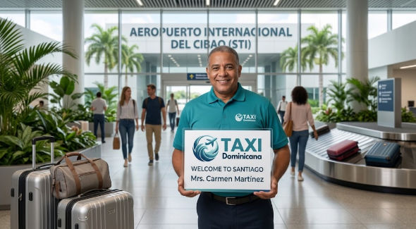 Conductor de Taxi Dominicana con cartel de bienvenida en el Aeropuerto Internacional del Cibao