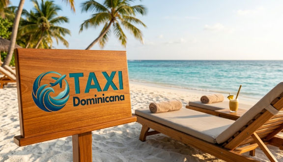 A wooden sign on a tropical beach with the 'TAXI Dominicana' logo next to lounge chairs.