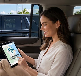 Smiling woman in the back seat of a taxi using a tablet connected to vehicle WiFi