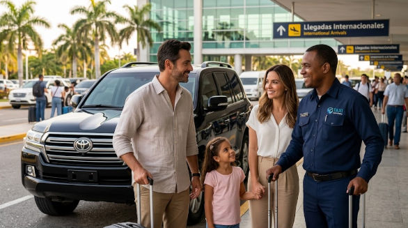 Conductor uniformado de servicio de taxi de aeropuerto en República Dominicana recibe a una familia de turistas con equipaje frente a un SUV negro en la terminal de Llegadas Internacionales.