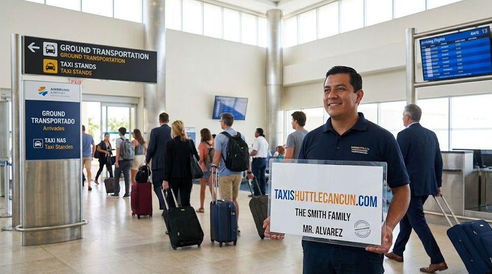 Book your Taxi Shuttle Cancun at the airport arrival terminal Taxi Shuttle Cancun waiting at the terminal with a private Suburban vehicle