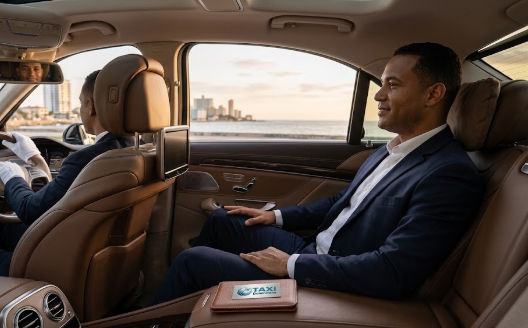 Passenger relaxing in the back seat of a luxury car driven by a private chauffeur along the coast of Santo Domingo