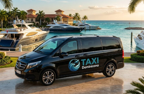 Luxury private transfer van parked at Casa de Campo Marina