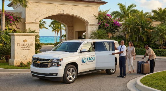 Private white SUV transfer arriving at Dreams Dominicus La Romana resort