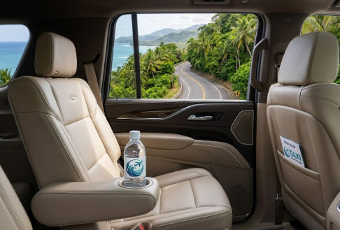 Luxurious private transfer interior showing a scenic view of the coastal road to Las Terrenas