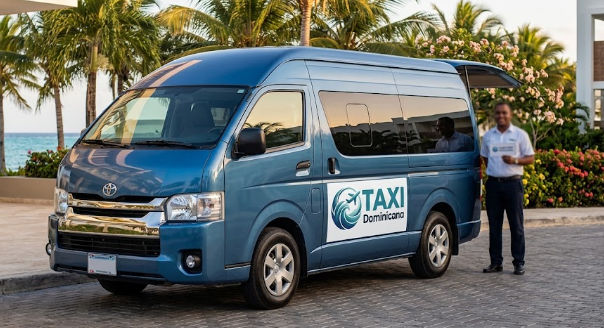 Blue Taxi Dominicana passenger van waiting at a beach resort for a private transfer