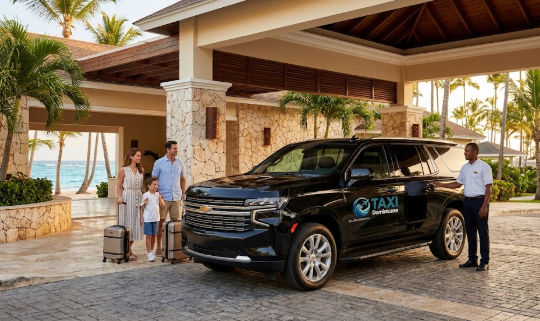 Family with luggage arriving at a tropical resort with a private black SUV transfer from Taxi Dominicana