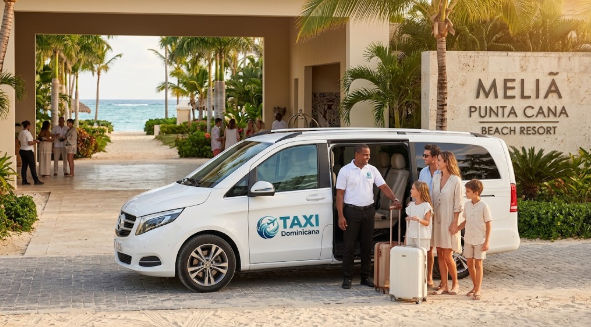 A family and a driver with luggage standing by a Taxi Dominicana van at the main entrance sign of Melia Punta Cana Beach Resort