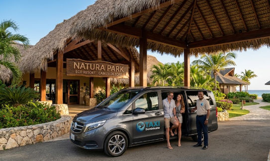 Couple arriving at Natura Park Eco Resort in a private Taxi Dominicana van
