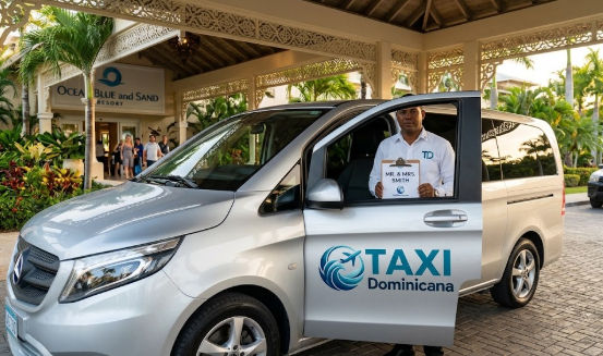 Taxi Dominicana driver holding a welcome sign next to a silver private van at Ocean Blue and Sand Resort