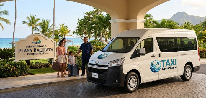 Family arriving at Playa Bachata resort in Puerto Plata with a private Taxi Dominicana transfer van