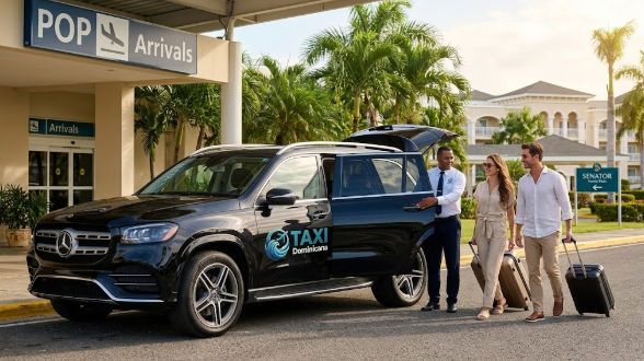 Private airport transfer at POP Puerto Plata, a driver assists a couple with luggage as they board a Taxi Dominicana black SUV