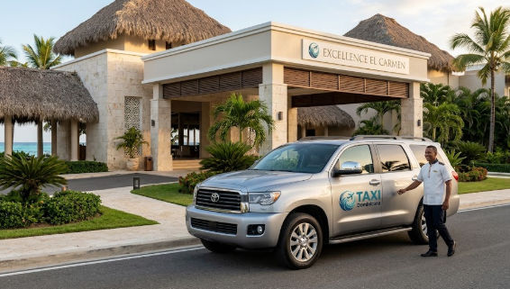 SUV de Taxi Dominicana llegando a la entrada principal del Excellence El Carmen en República Dominicana.