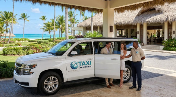 Un chofer de Taxi Dominicana uniformado da la bienvenida a una pareja que llega a un resort de lujo tropical junto a una camioneta Chevrolet Suburban blanca con el logo de la empresa.