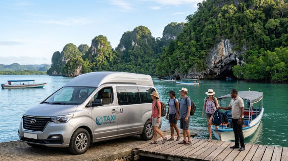 Traslado en taxi minivan a Los Haitises desde Samaná: furgoneta plateada en muelle con turistas y montañas kársticas