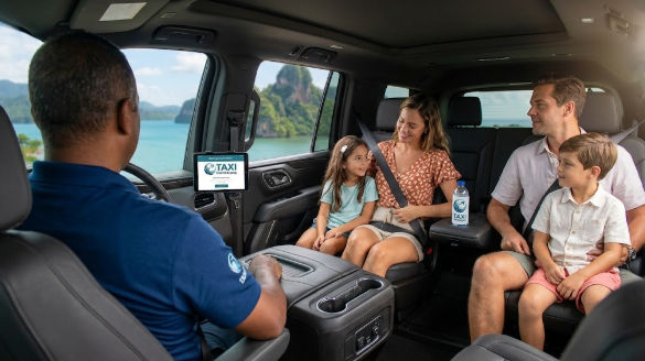 Familia disfrutando de un viaje cómodo y seguro en transporte privado hacia Los Haitises