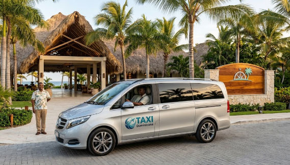 Furgoneta de Taxi Dominicana en la entrada del resort Margaritaville Cap Cana