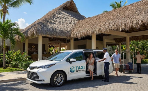 Servicio de taxi privado llegando al hotel Sunscape Coco Punta Cana en República Dominicana, con conductor y turistas