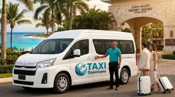 Chófer de Taxi Dominicana recibiendo a pareja con equipaje en resort de playa