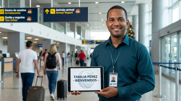 Conductor de traslado privado en Punta Cana sosteniendo una tableta que dice 'FAMILIA PEREZ - BIENVENIDOS'.