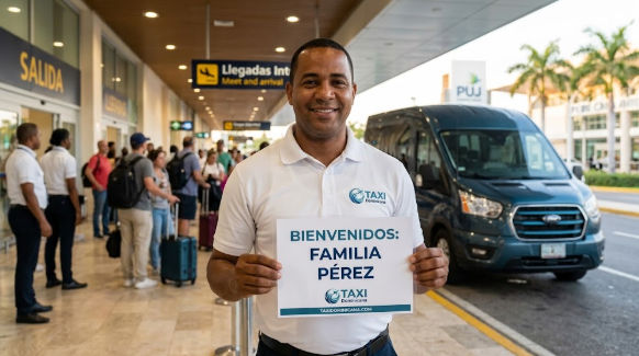 Conductor de Taxi Dominicana en aeropuerto con letrero para la familia Pérez