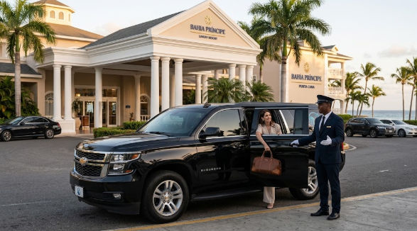 Chofer abriendo la puerta de un SUV negro Chevrolet Suburban para una pasajera frente al Bahia Principe Luxury Resort Punta Cana.