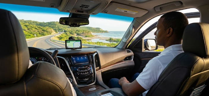 Vista interior desde el asiento trasero de un traslado privado en un SUV de lujo, con el conductor enfocado en la carretera costera sinuosa y el mar visible a través del parabrisas.